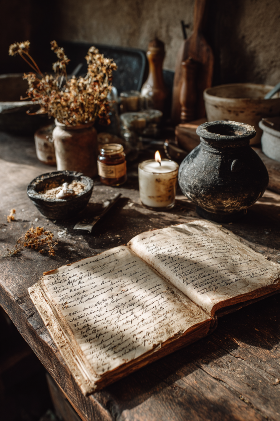 Dark Gothic Farmhouse Kitchen Island — Raw Oak Butcher Block and Cast Iron
