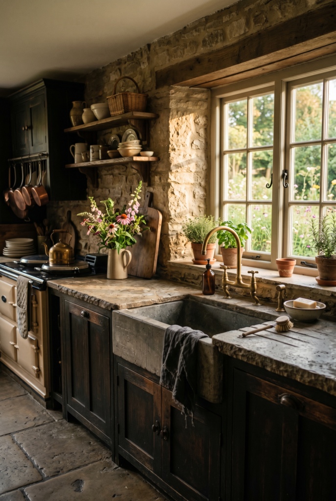 Dark Farmhouse Kitchen Sink — Stone Basin & Afternoon Light do an image with a dark farmho nano banana 2 64307