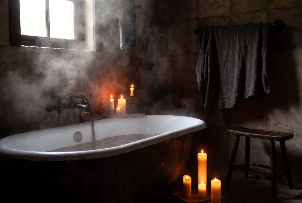 Moody dark farmhouse bathroom with iron clawfoot tub filled with steaming water, beeswax candles glowing on and around the tub, stone walls, wooden stool, and dark linen towel, atmospheric candlelight and soft window light.