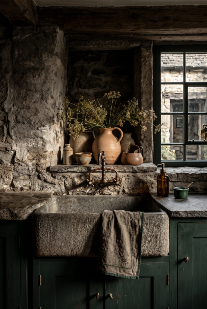 Dark Farmhouse Kitchen Sink — Stone Basin & Afternoon Light use this images vibe to make a nano banana 2 26114